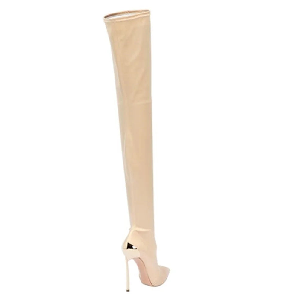 Aubrey Stretch Fabric Metal Thin Heels Over the Knee ee Boots