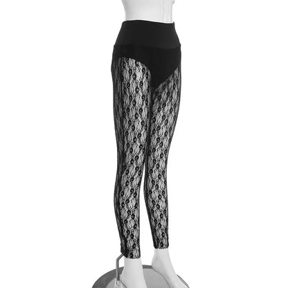 Joskaa Women's Jacquard  Lace Leggings Patchwork Sexy See Through High Waist Pencil Pants Female Bottoms Midnight Party Clubwear