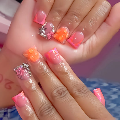 24pcs Duckbill Shaped Fake Nails Gold Butterfly Rhinestone Design False Nail Tips Wearable Full Cover French Press on Nails