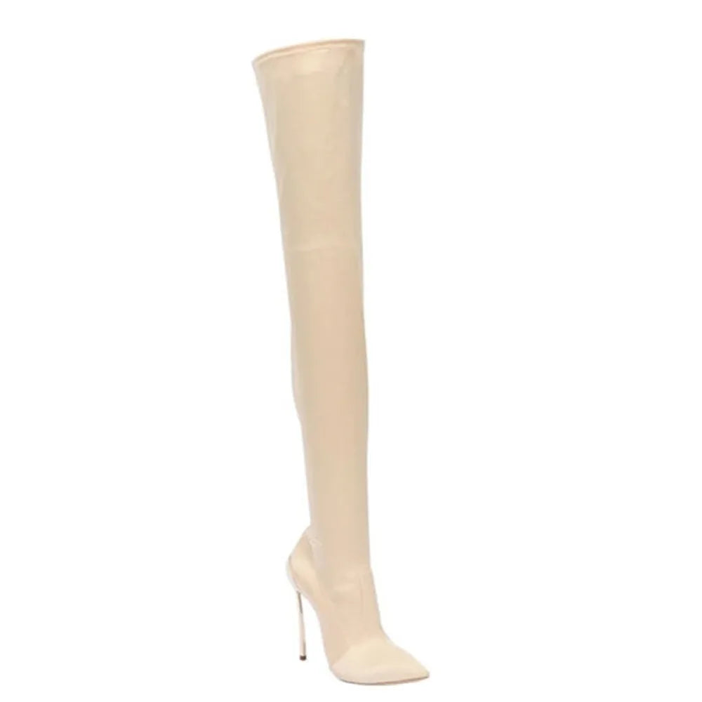 Aubrey Stretch Fabric Metal Thin Heels Over the Knee ee Boots