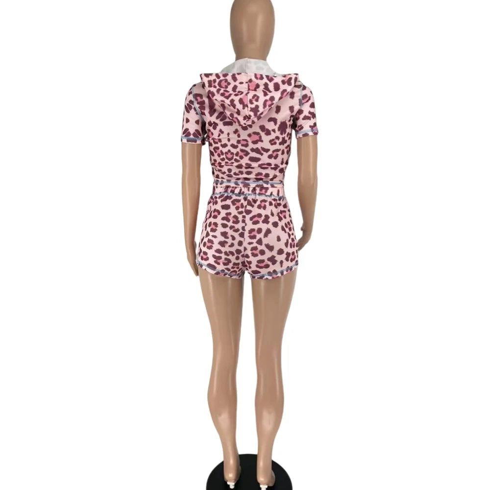 Leopard Short Sleeve Crop Top + Short Sets