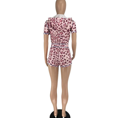 Leopard Short Sleeve Crop Top + Short Sets