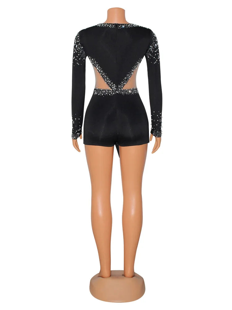 Regina V-Neck Mesh Rhinestone Skinny Long Sleeve Playsuits