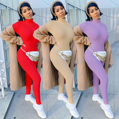 Zipper Jumpsuit Women Embroidery Letter Print Workout Sportswear Female Outfit Skinny Solid Turtleneck Streetwear