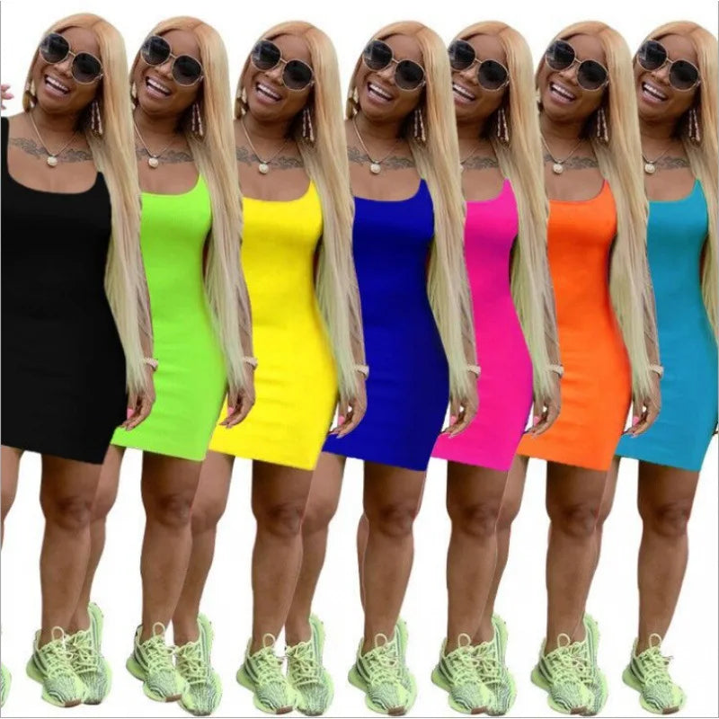 Solid Summer Strap Mini Dresses New Fashion Beach Vestidos