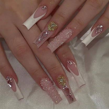 24Pcs Long Square Press on Nails Leopard Print French 3D Cherry Design False Nail Rhinestone Wearable Full Cover Fake Nails Tips