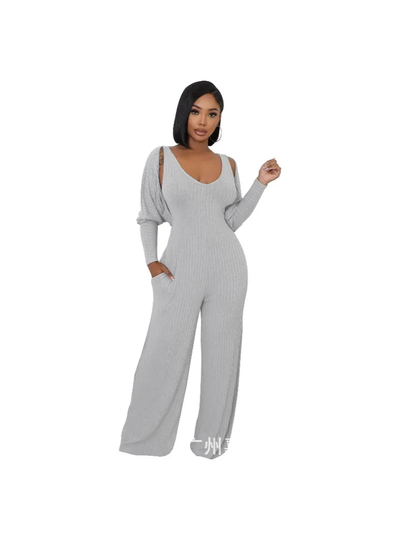 Trendy Solid Color Elastic Wide Leg Jumpsuits (2pcs.)
