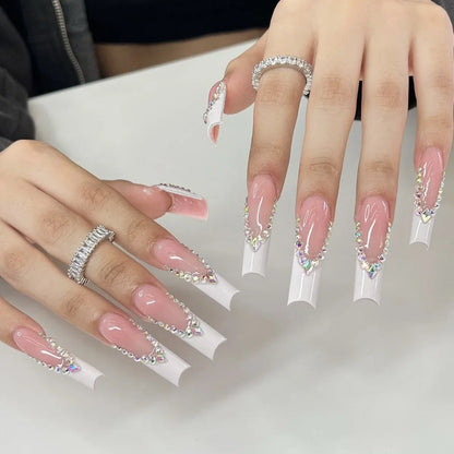 24Pcs Simple White French Press on Nails with Glue Long Ballet False Nails Wearable Coffin Fake Nails Full Cover Nail Tips