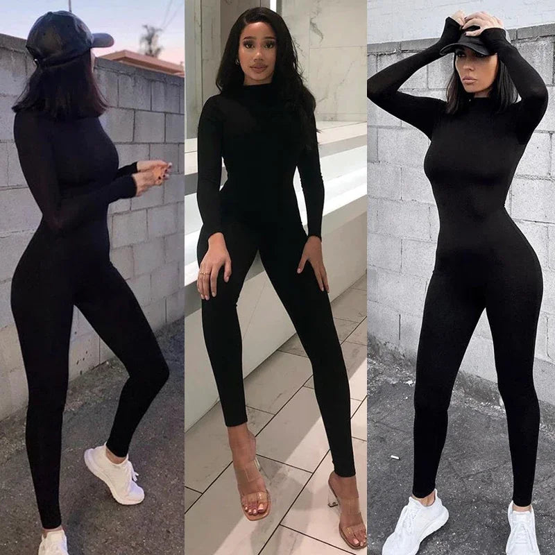Long sleeve skiing jumpsuit women elastic hight outfit fashion fitness sportswear slim rompers streetwear