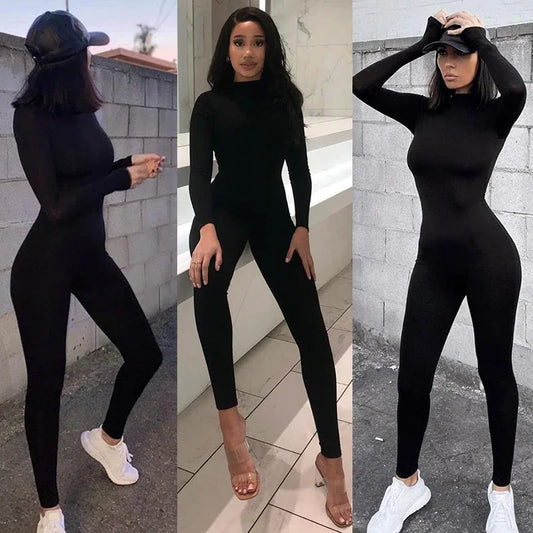 Long sleeve skiing jumpsuit women elastic hight outfit fashion fitness sportswear slim rompers streetwear