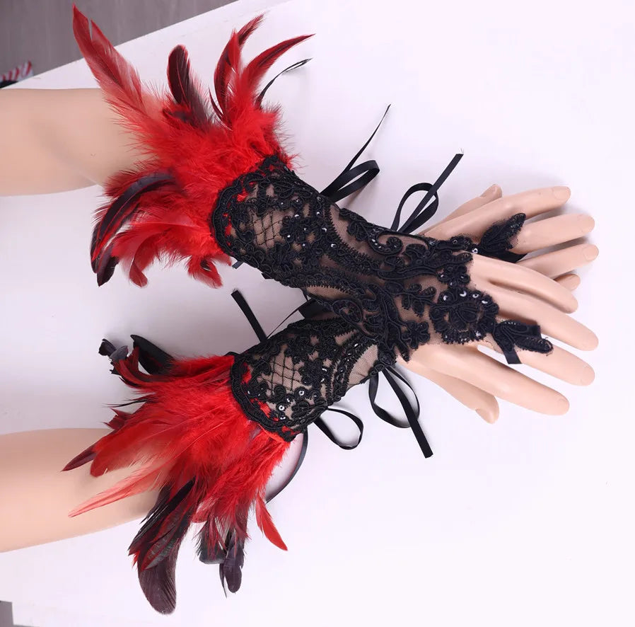 Daniella Feather Cosplay Lace Wrist Gloves (Furry Accessories)