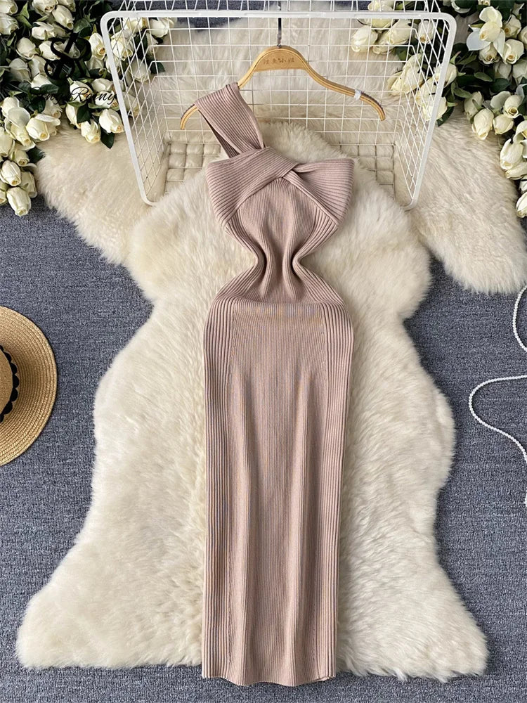 Single Shoulder Ink Knit Dress Backless Tank Striped Slim Bodycon Sundress Women Summer Beachwear Sexy Chic Vestidos
