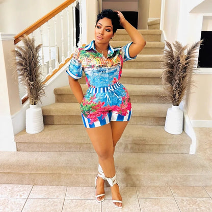 Elegant Printed Shirt Tops + Shorts Outfits