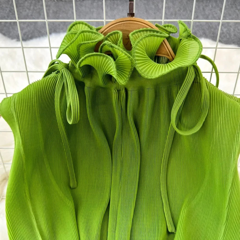 Stand Collar Lace Up Ruffles Boho Dresses