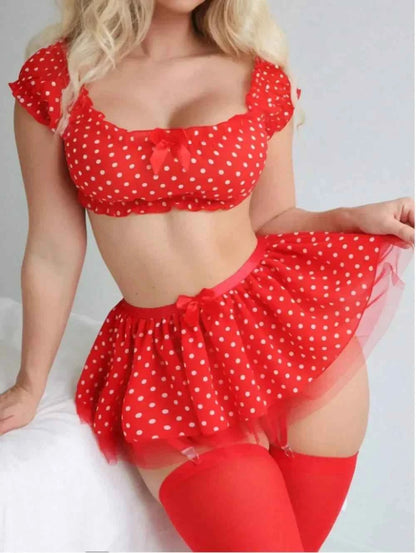 Erotic Short Skirt with Garter Straps Polka Dot + Off Shoulder Puffy Polka Bra Set
