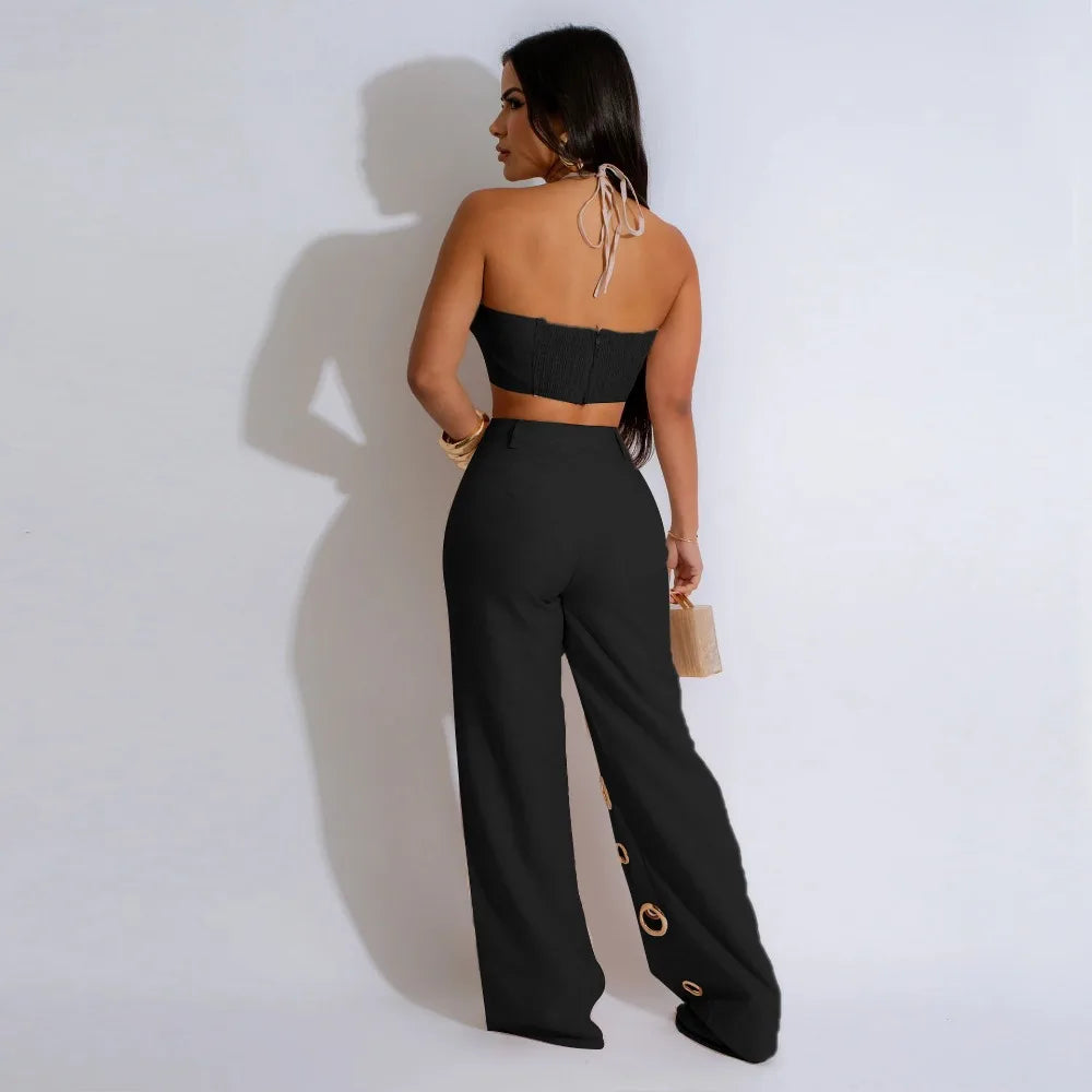 Halter Sleeveless Backless Crop Top And Pants Two Piece Sets Outfits