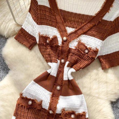 Chic Knitted Slim Waist Office Lady Sweater Maxi Dresses