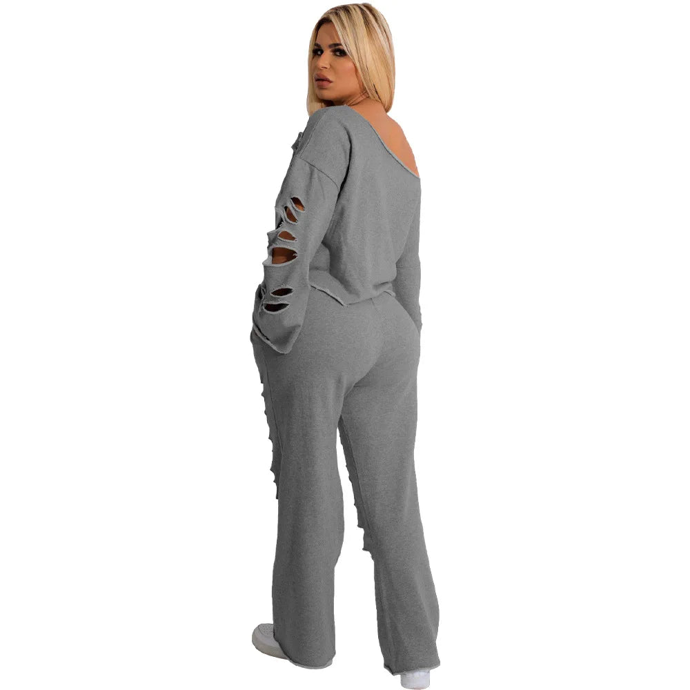 Oliva's Round Neck Pullover Hole Solid Pant Sets