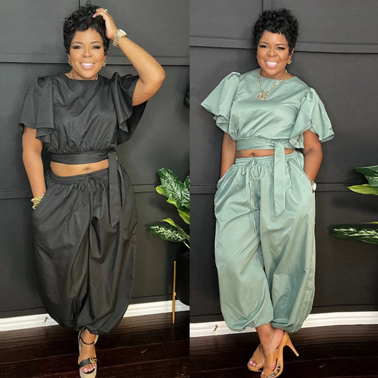 O-neck Belt Short Flare Sleeve Crop Top + Pants Suits (2 pcs.)