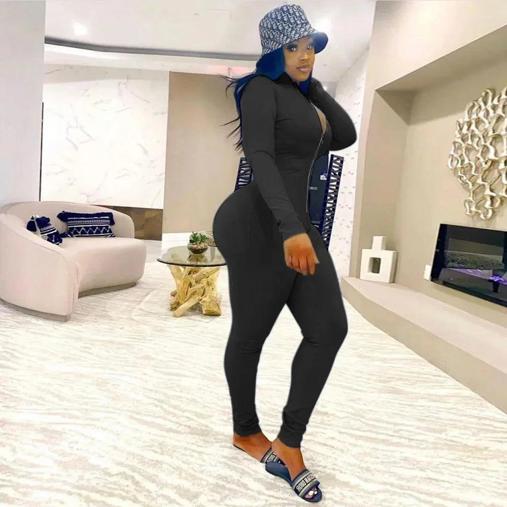 Deep V Bodycon Rompers Womens Jumpsuit Sport Suit Fashion Zip Up Long Pants Overalls Fitness Set