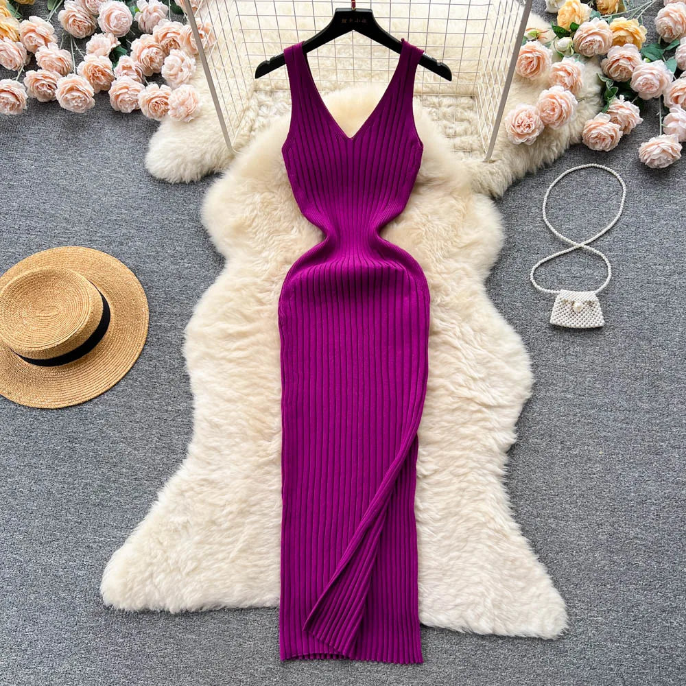 Chic Fashion Sexy Wrap Hips Split Knitted Slim Elastic Bodycon Maxi Dresses