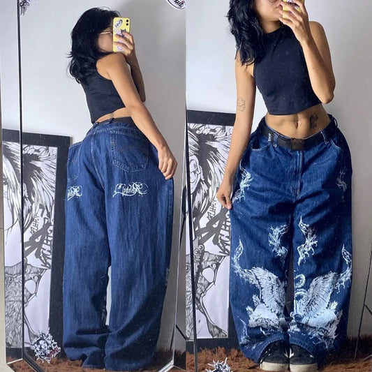 Streetwear New Fashion Oversized Print Baggy Jeans Women Y2K Gothic Vintage Hip Hop Pop Casual High Waist Wide Leg Pant Clothing