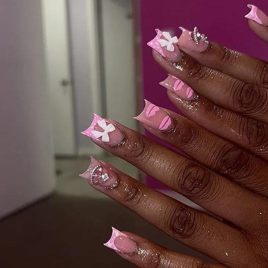 24PCS Short Square Fake Nails Sweet Pink Lips with 3D Bowknot Diamonds French Press on Nails Full Cover Detachable Nail Tips Art
