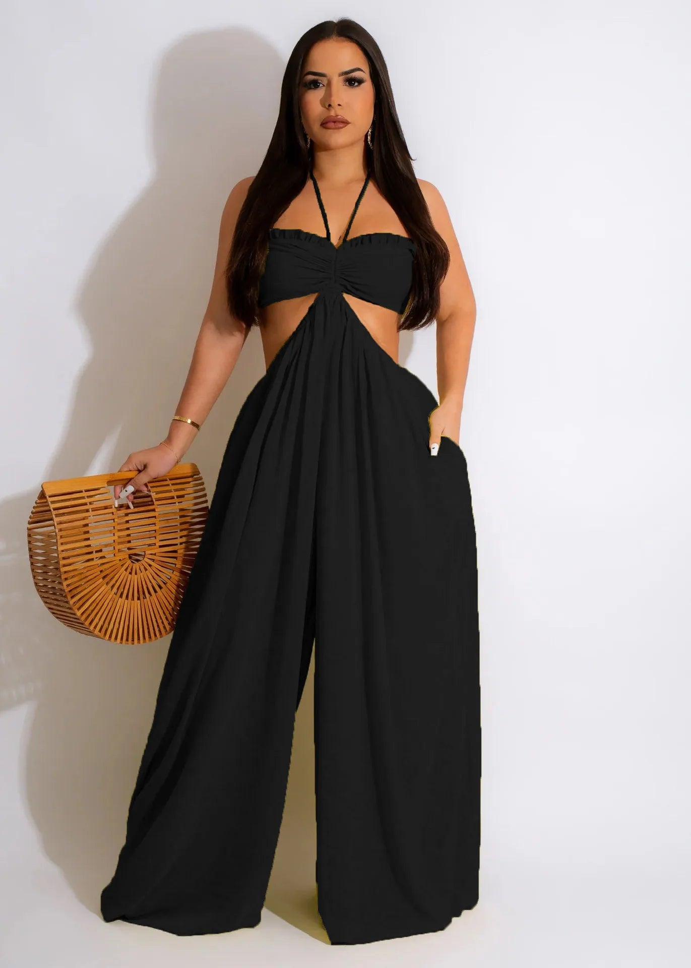 Long Loose Solid Color Seductive Flowing Jumpsuits