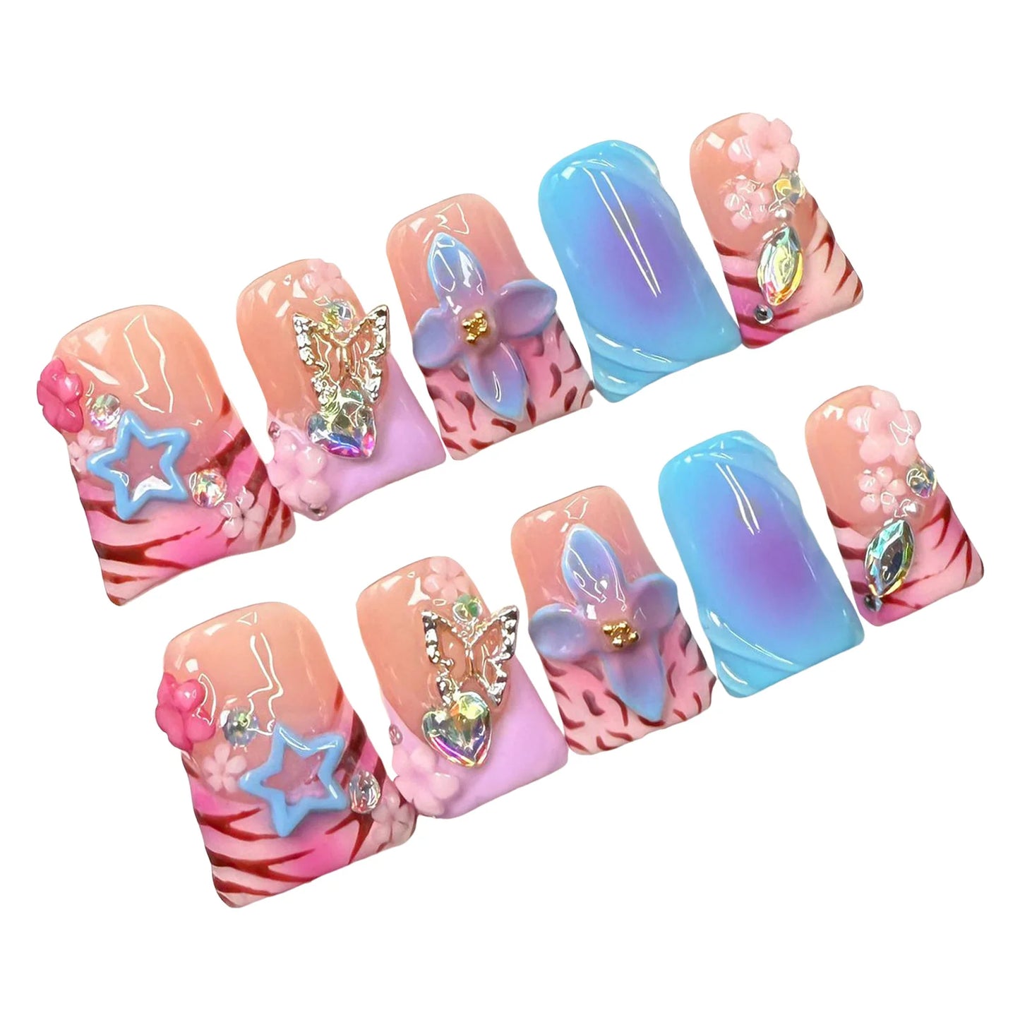 10pcs Handmade Fake Nails Duckbill Shaped Press On Nails Colorful Leopard-print French False Nails With 3D Carved Flower Designs