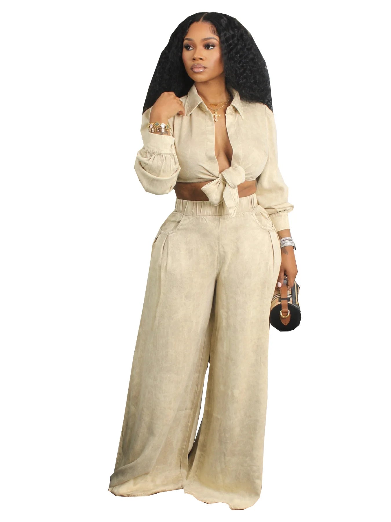 Susan Long Sleeve Collar Cardigan Waist Strap Top + Pocket Wide Leg Pants (Two Piece Set)