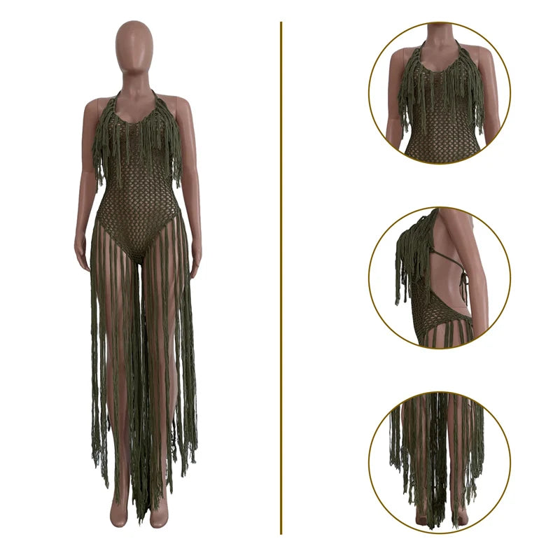 Knitted Tassel See Through Holiday Beach Bodysuits
