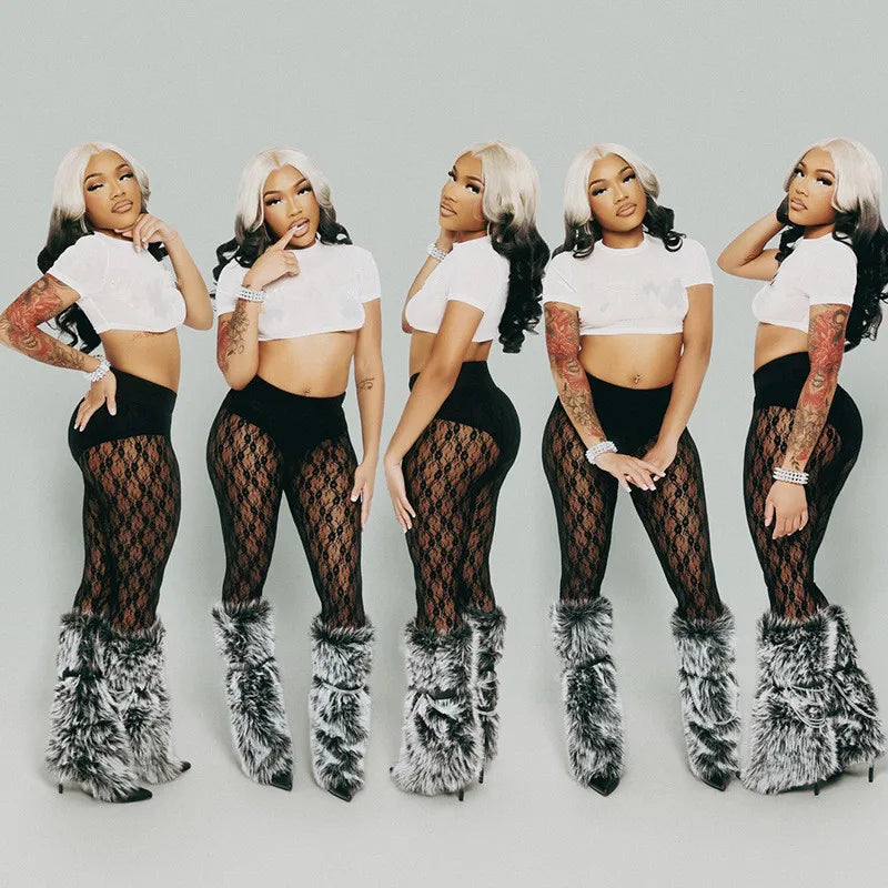 Joskaa Women's Jacquard  Lace Leggings Patchwork Sexy See Through High Waist Pencil Pants Female Bottoms Midnight Party Clubwear