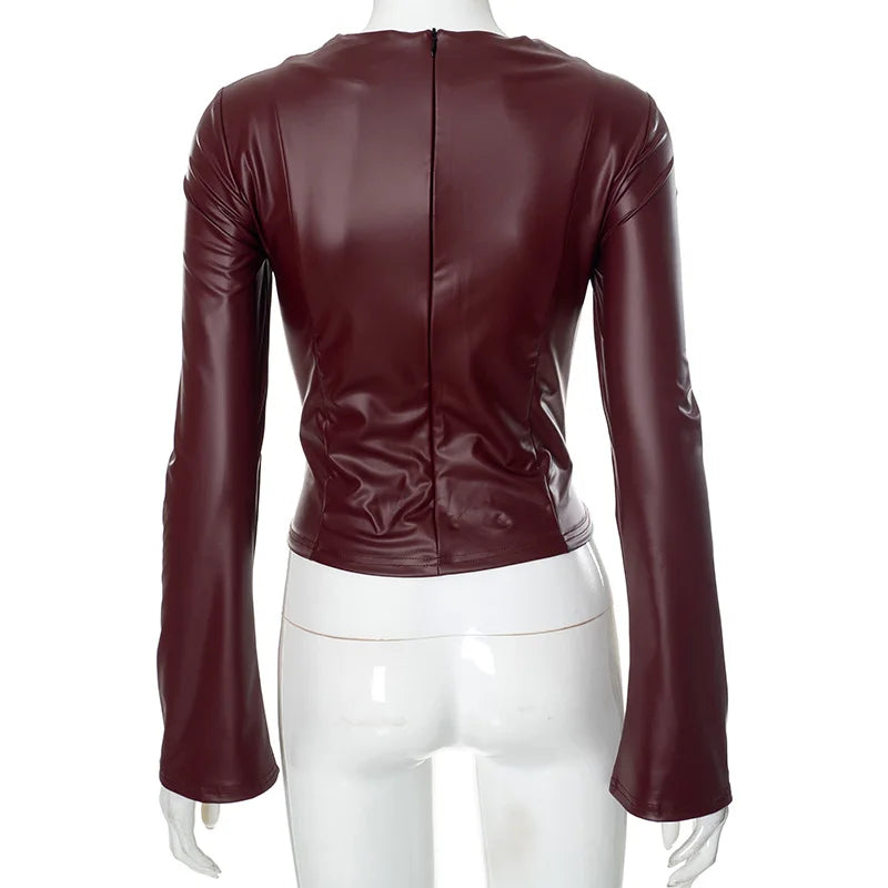 Bella WineRed Leather Shirt Corset Top