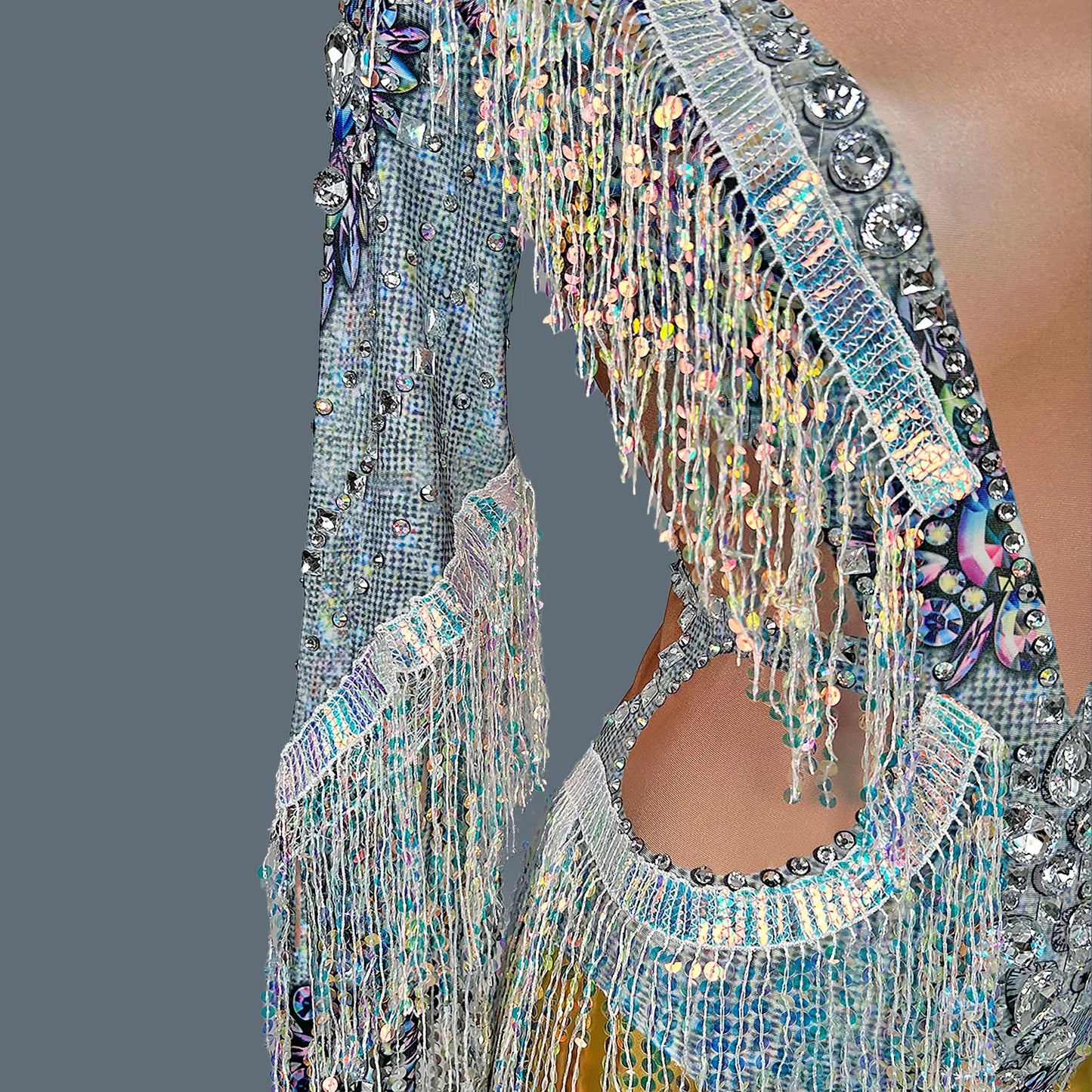 Rhinestone Sequins Tassel Dance Bodysuit Stretch Dance Fringes Jumpsuit