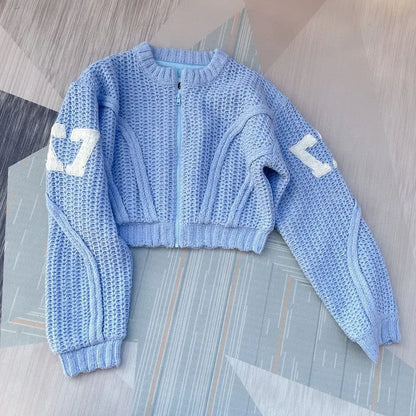 Knitted Zipper Letter Cropped Cardigan + Shorts Sets(2pcs.)
