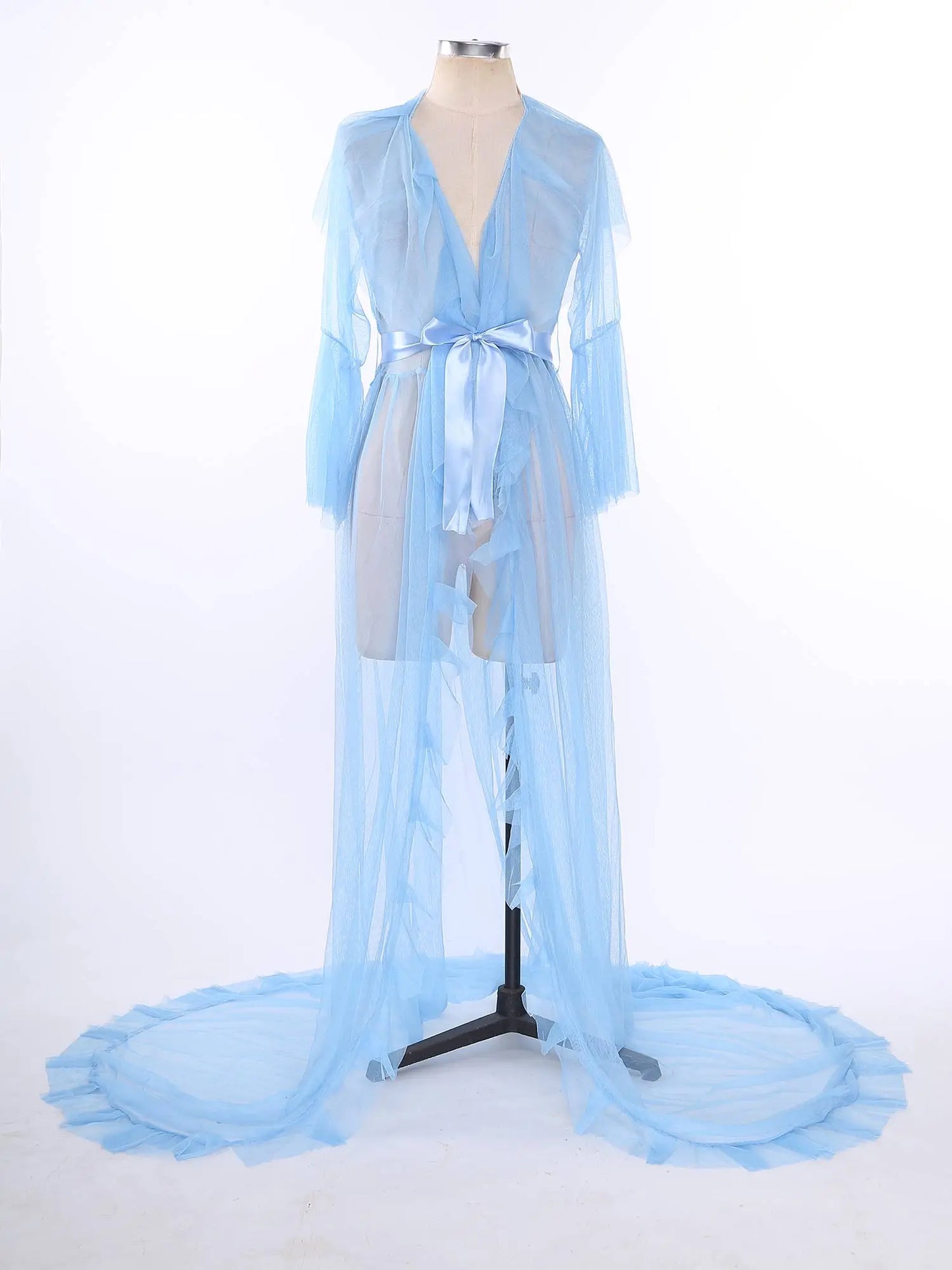 Ruffled Trim Long Tulle Robe Femme Nightwear Nightdress