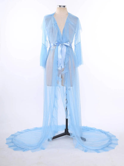 Ruffled Trim Long Tulle Robe Femme Nightwear Nightdress
