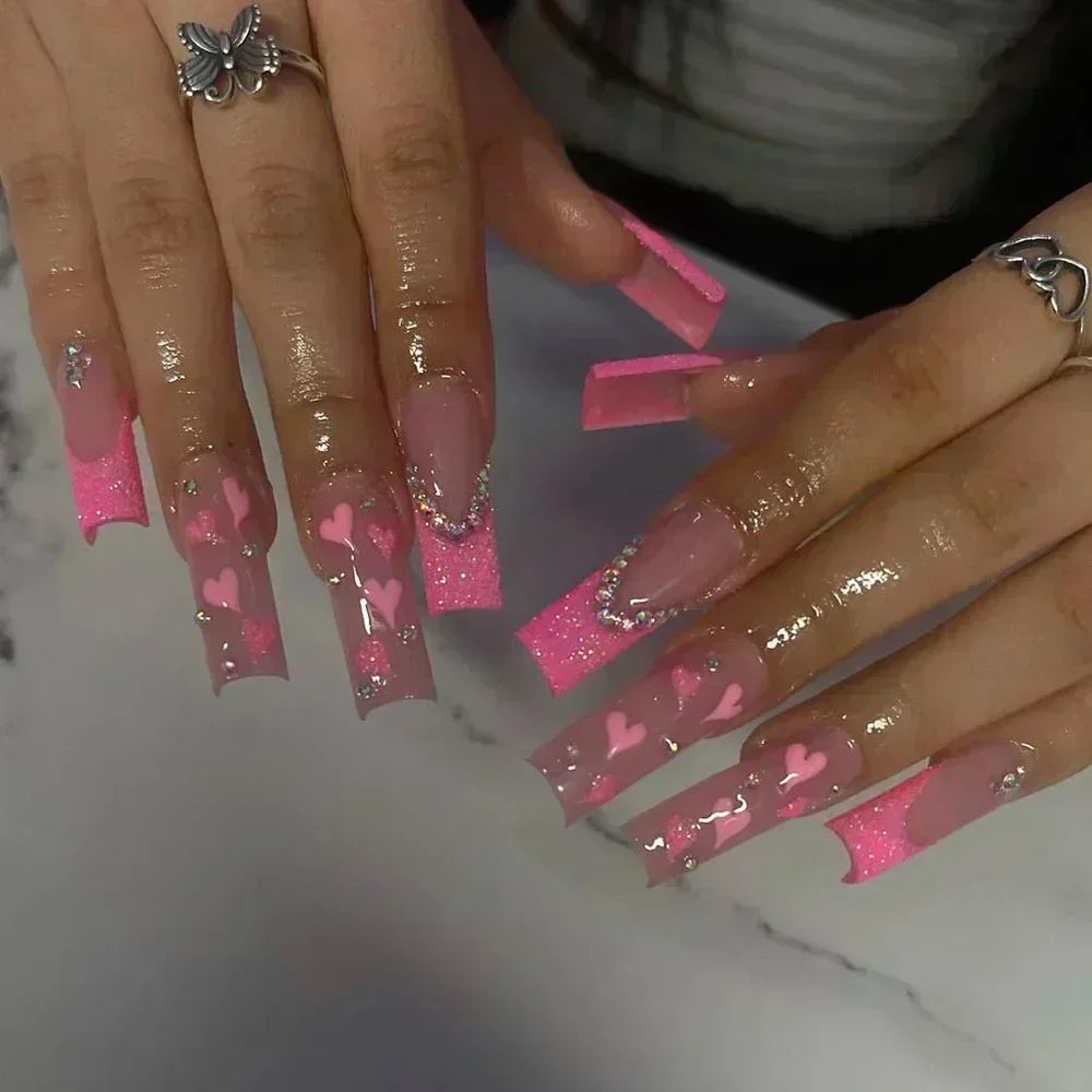 24Pcs White French False Nails Long Coffin Flower Butterfly with Rhinestones French Design Wearable Fake Nails Press on Nails