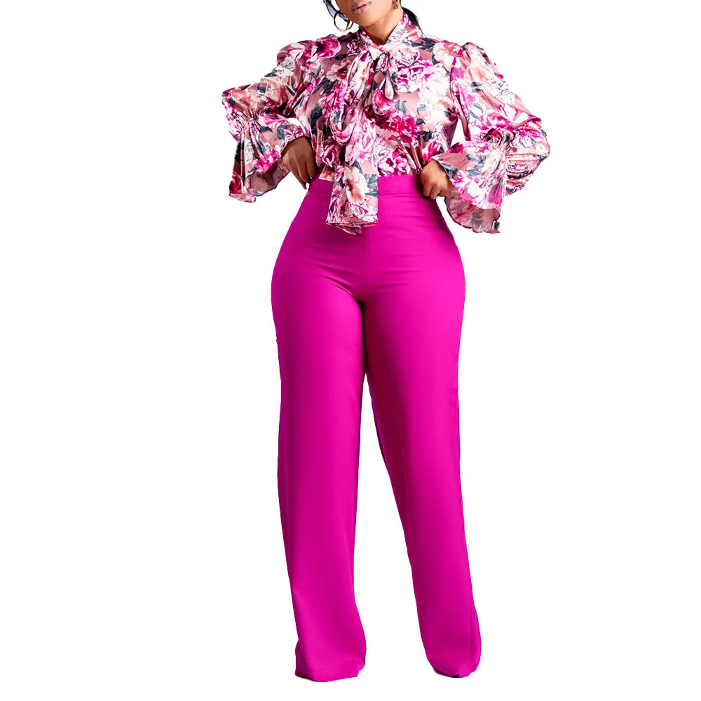 Natalie 2 Piece Women's Flower Print Top Shirt Pants Suit (Wide-leg Pants)