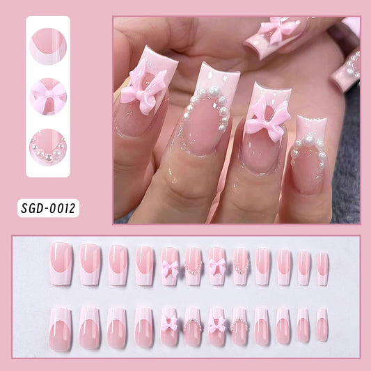 24Pcs Pink Leopard Print French Tips False Nails Short Square Head 3D Black Bowknot Fake Nails Acrylic Full Cover Press on Nails