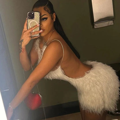 Furry Mini White Dress Hipster Spaghetti Strap Low Cut Backless Body-Shaping Vestidos Birthday Party Clubwear