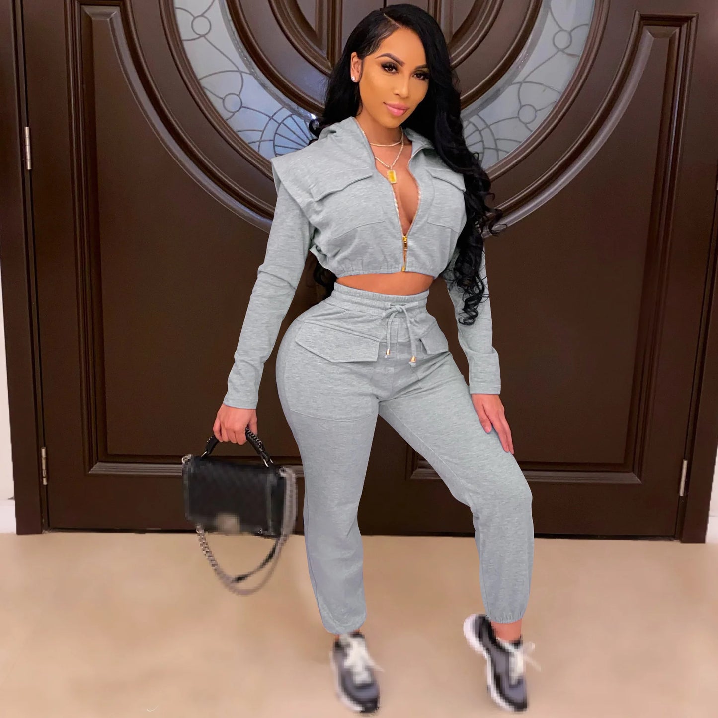 Solid Long Sleeve Two piece Sweatsuit Sets