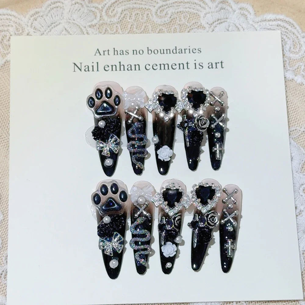 3D Handmade Long Coffin Stiletto Fake Nail Flowers Cat's Heart Diamond Metal Bow
