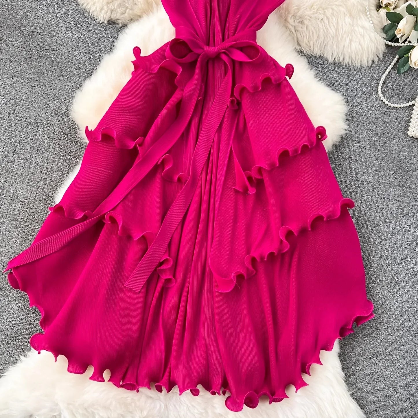 Stand Collar Lace Up Ruffles Boho Dresses