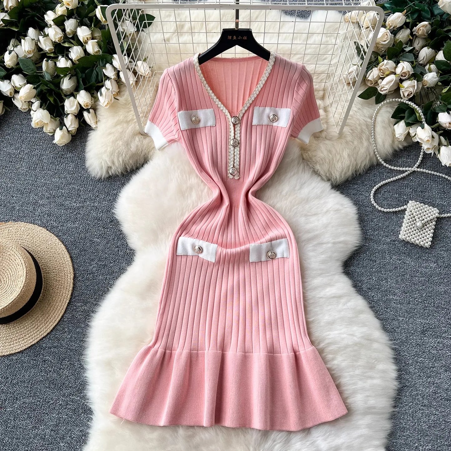 Mermaid V-neck Button Ribbed Knitted Dresses