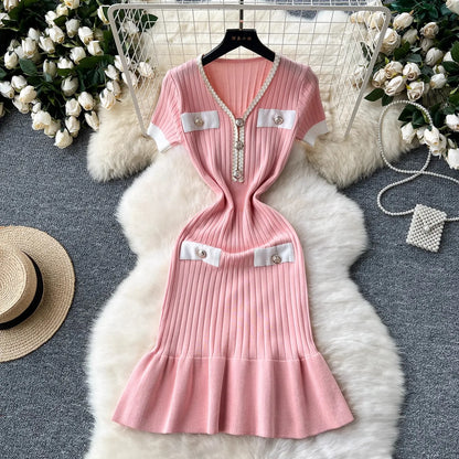 Mermaid V-neck Button Ribbed Knitted Dresses