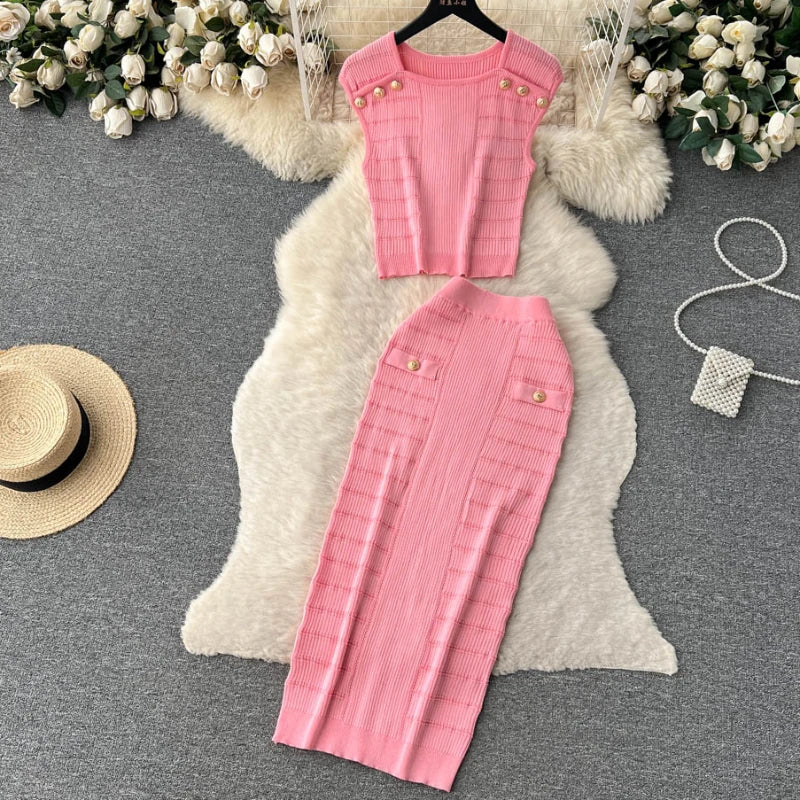 Knitted 2 Pcs. Buttons Crop Top Tanks + Slit Midi Skirt Set
