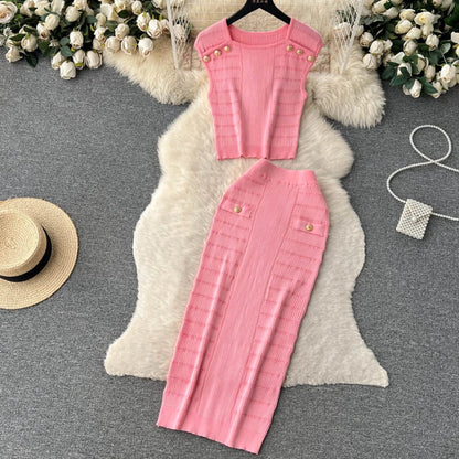 Knitted 2 Pcs. Buttons Crop Top Tanks + Slit Midi Skirt Set