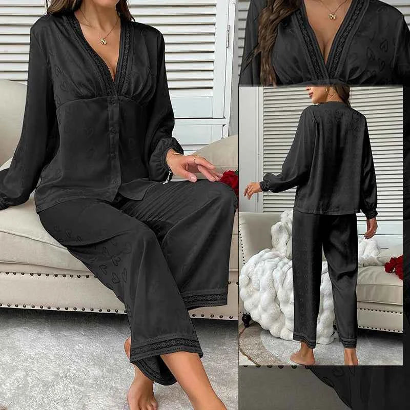 Satin Trousers + V-Neck Comfortable Jacquard Pajama Sets
