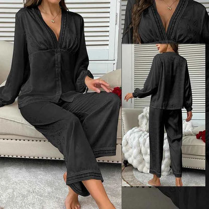Satin Trousers + V-Neck Comfortable Jacquard Pajama Sets